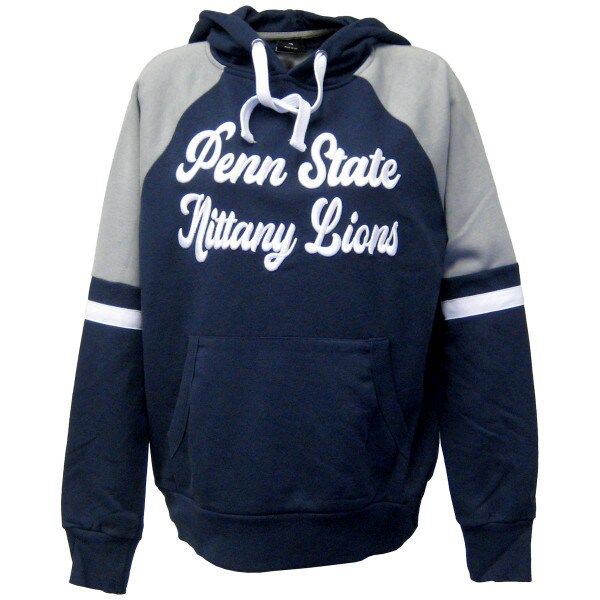 women's navy hooded sweatshirt with gray shoulders and embroidered Penn State Nittany Lions